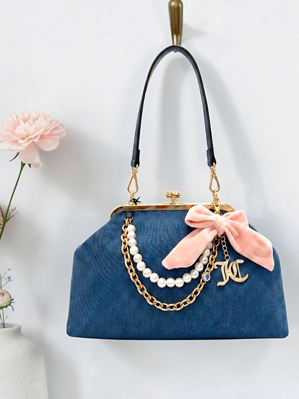 Juicy Couture Denim Haus Kisslock Clutch Bow Charm Pearl Gld Ch Accents NWt